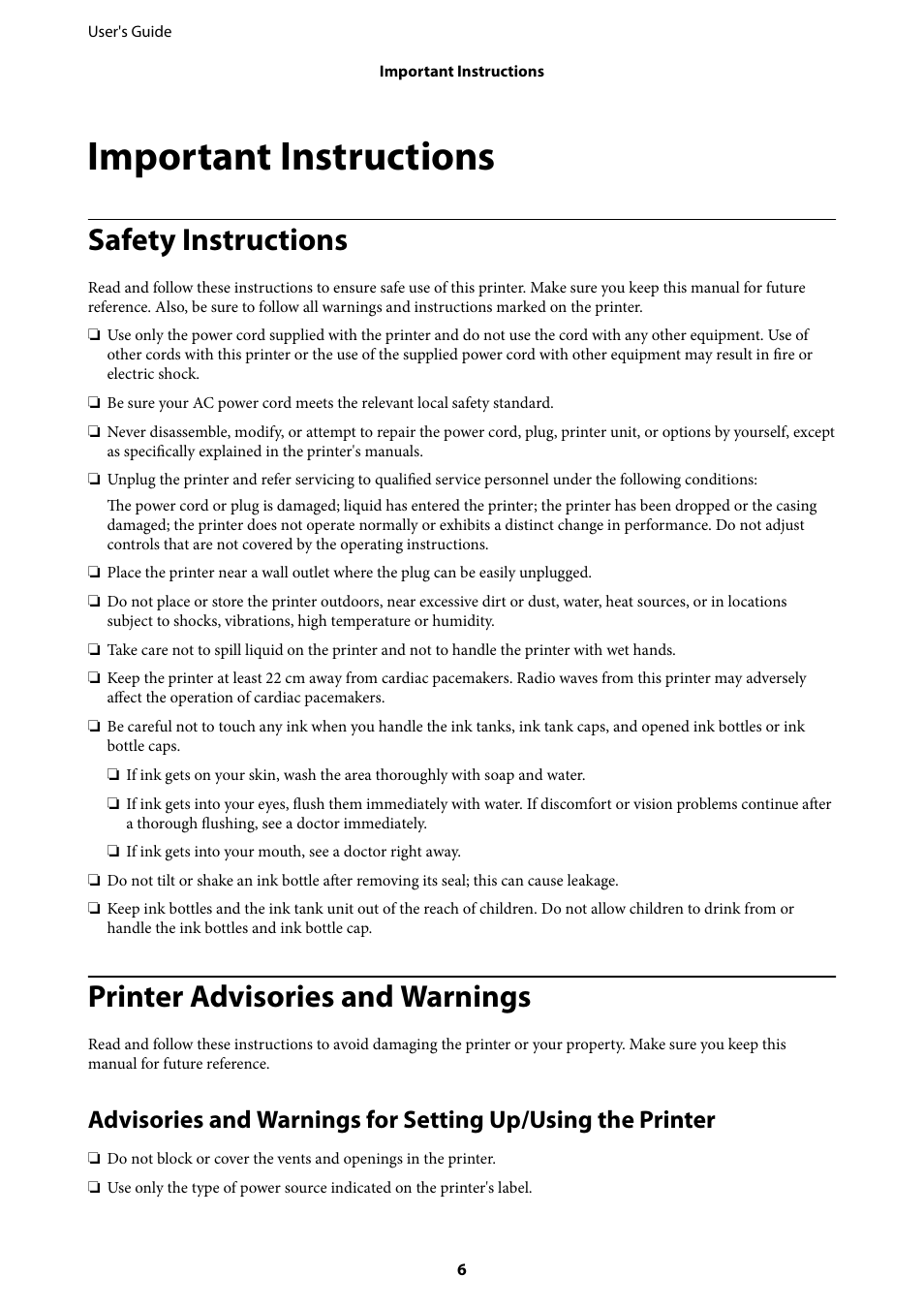 Important instructions, Safety instructions, Printer advisories and warnings | Epson L805 User Manual | Page 6 / 93