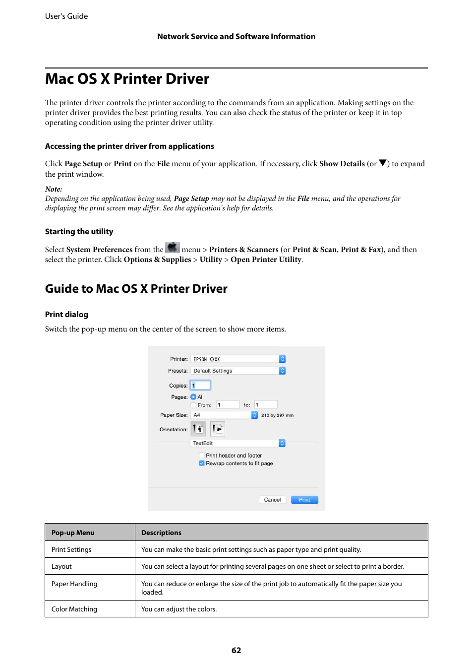 Mac os x printer driver, Guide to mac os x printer driver | Epson L805 User Manual | Page 62 / 93