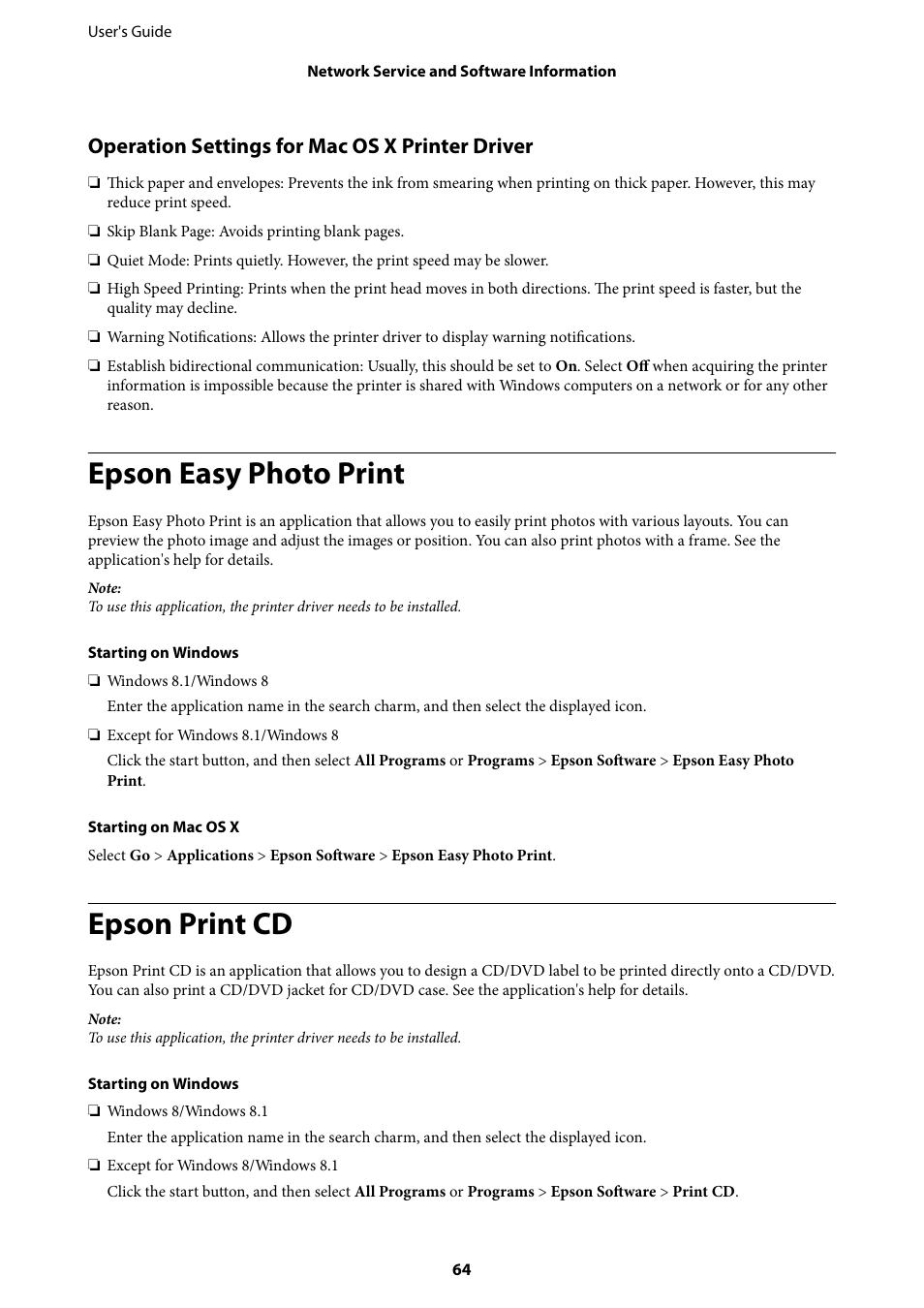 Epson easy photo print, Epson print cd, Operation settings for mac os x printer driver | Epson L805 User Manual | Page 64 / 93