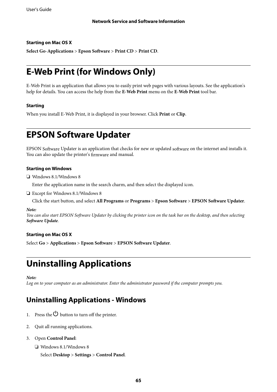 E-web print (for windows only), Epson software updater, Uninstalling applications | Uninstalling applications - windows | Epson L805 User Manual | Page 65 / 93