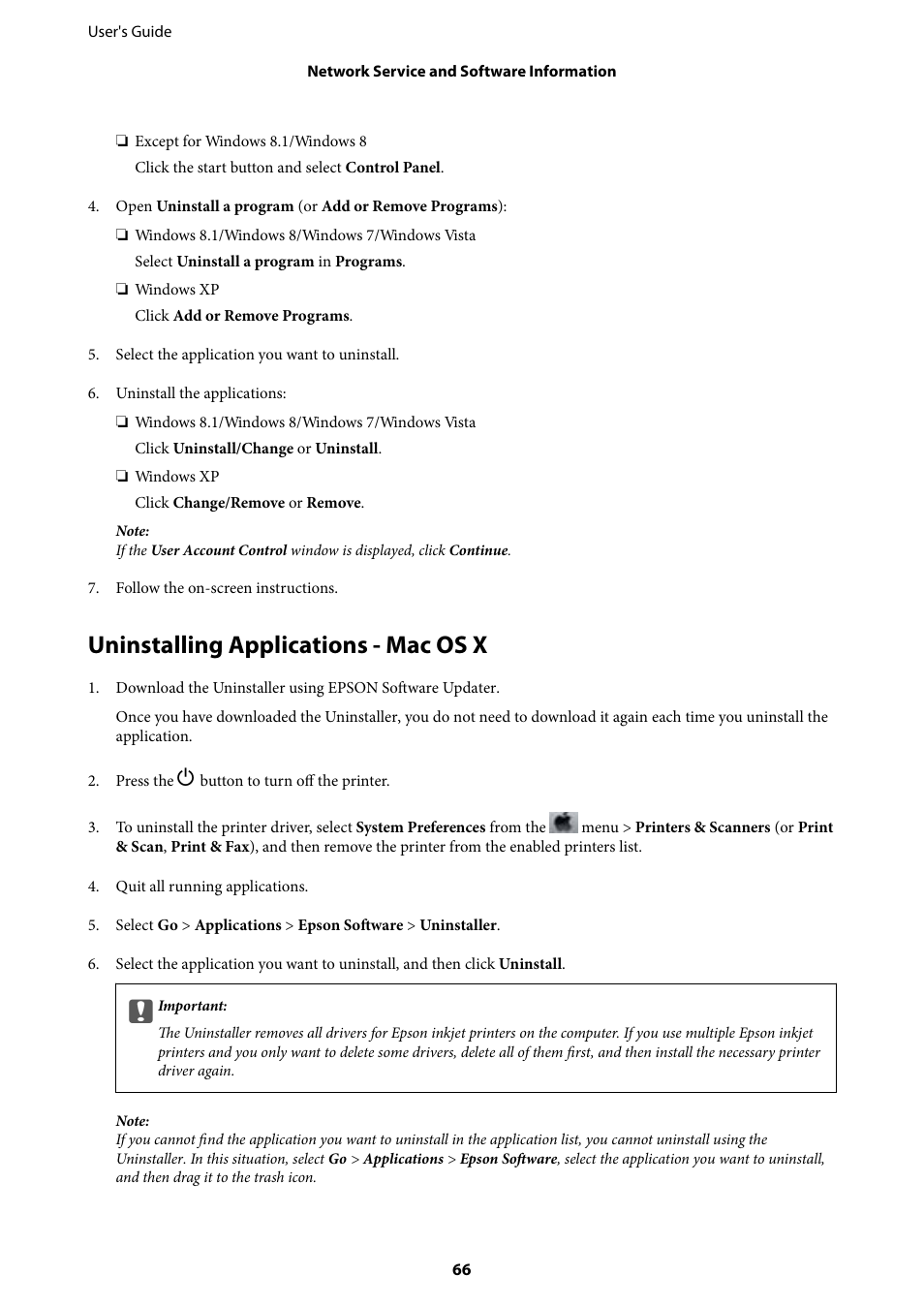 Uninstalling applications - mac os x | Epson L805 User Manual | Page 66 / 93