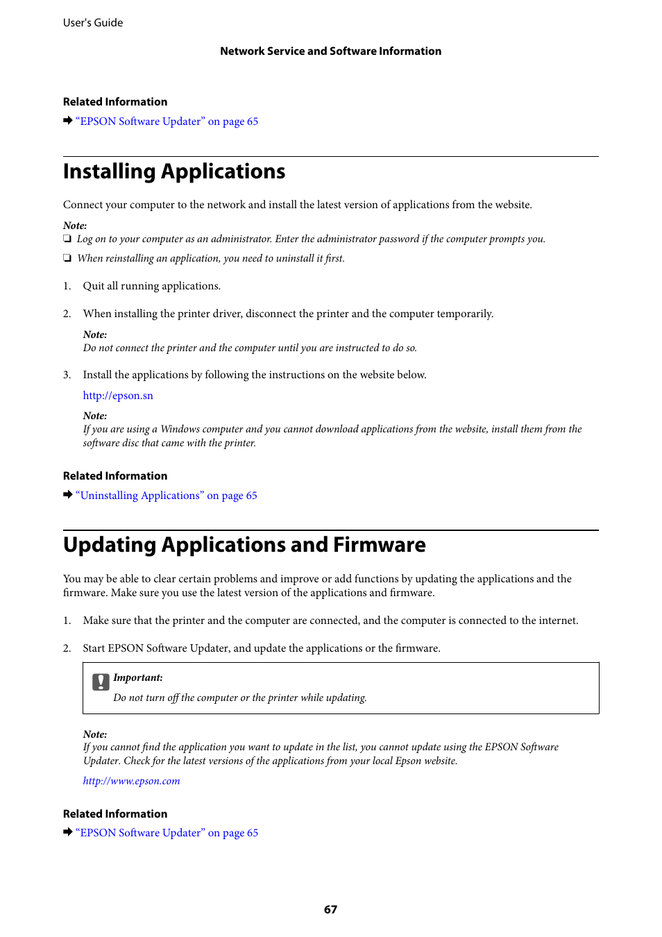 Installing applications, Updating applications and firmware | Epson L805 User Manual | Page 67 / 93