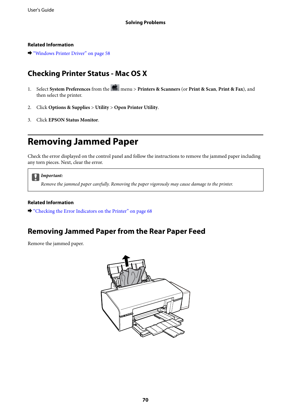 Checking printer status - mac os x, Removing jammed paper, Removing jammed paper from the rear paper feed | Epson L805 User Manual | Page 70 / 93