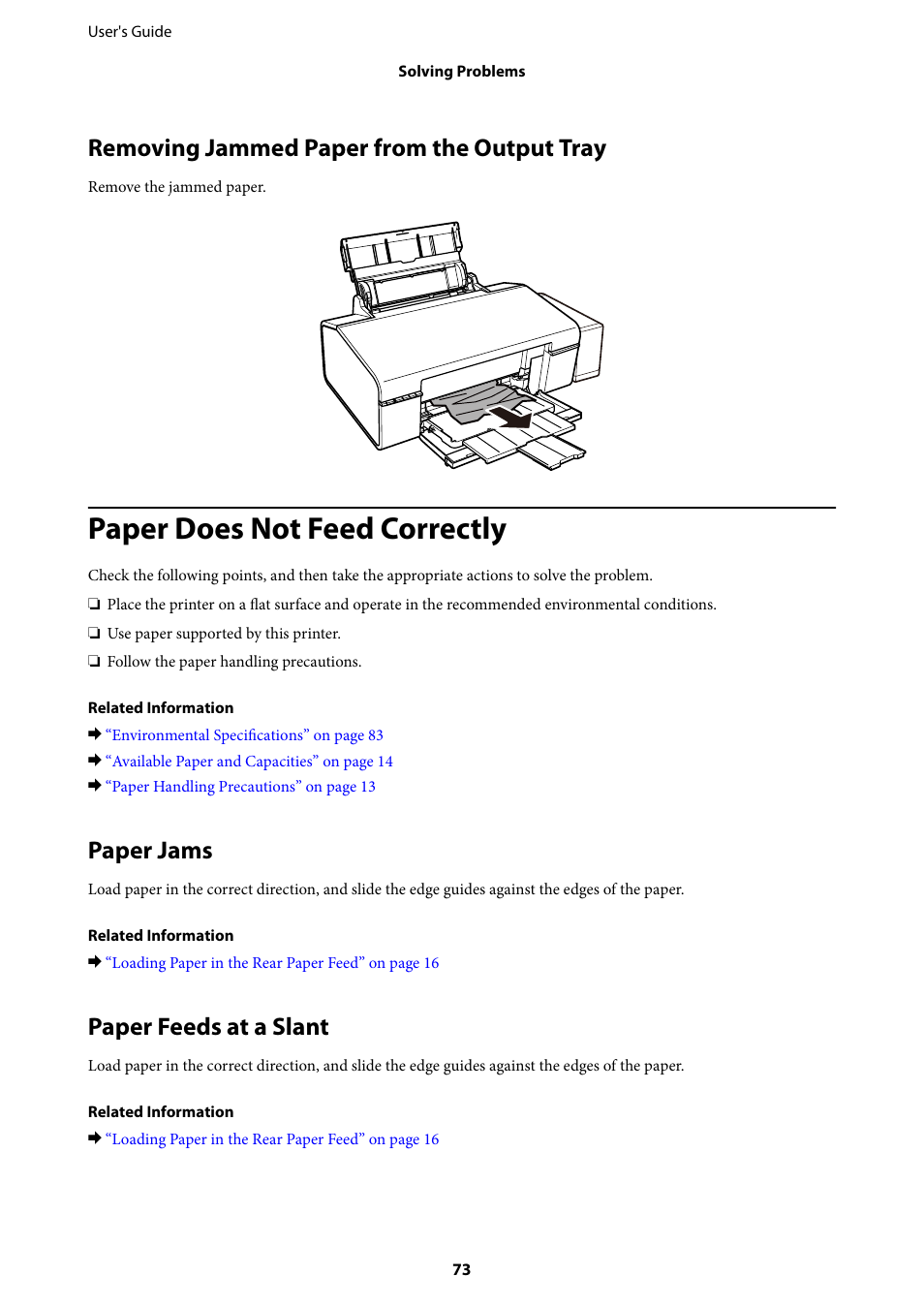 Removing jammed paper from the output tray, Paper does not feed correctly, Paper jams | Paper feeds at a slant | Epson L805 User Manual | Page 73 / 93