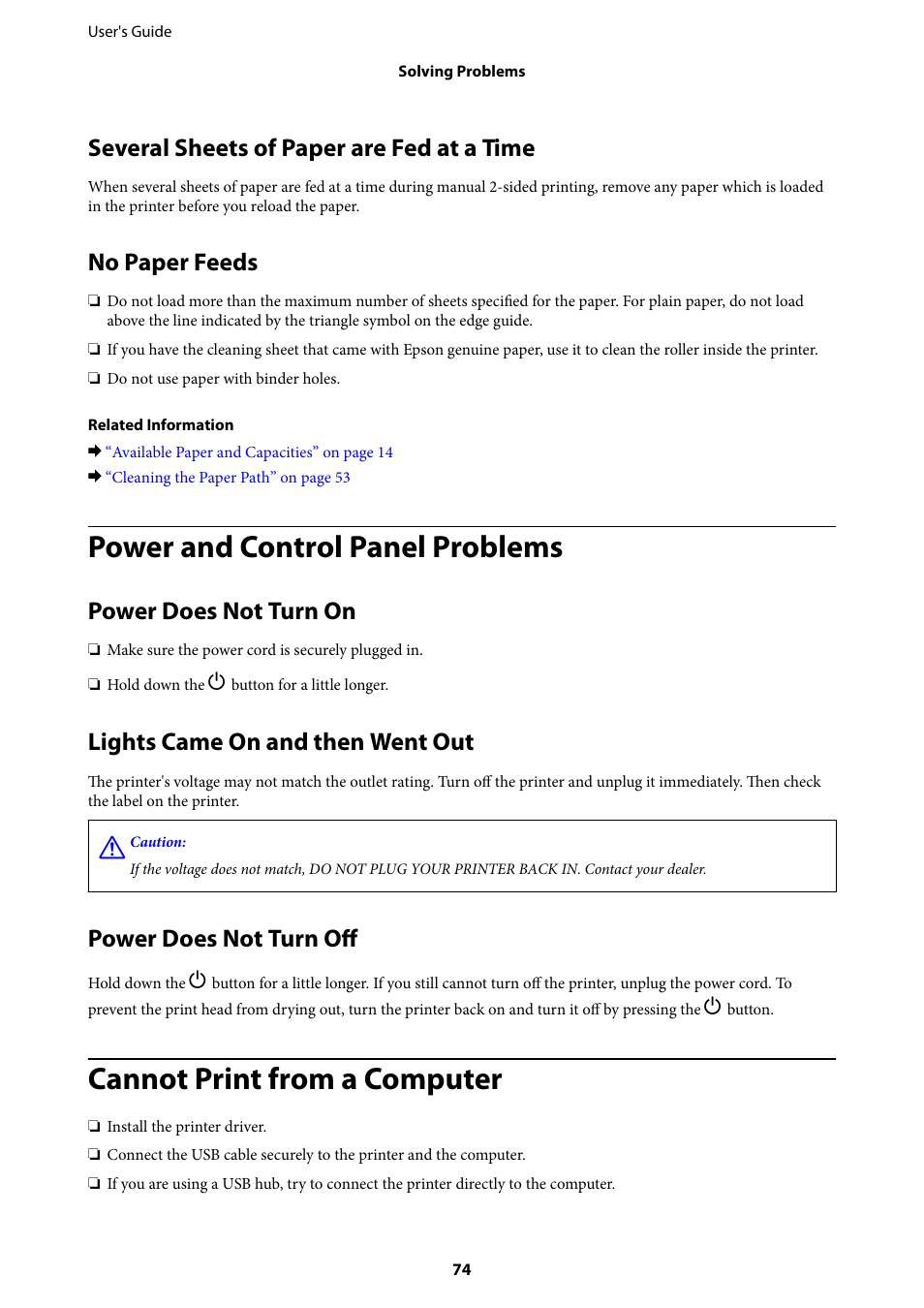 Several sheets of paper are fed at a time, No paper feeds, Power and control panel problems | Power does not turn on, Lights came on and then went out, Power does not turn off, Cannot print from a computer | Epson L805 User Manual | Page 74 / 93