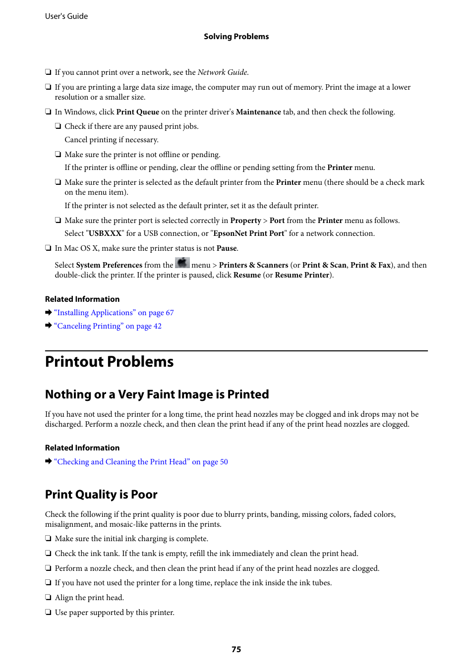 Printout problems, Nothing or a very faint image is printed, Print quality is poor | Epson L805 User Manual | Page 75 / 93