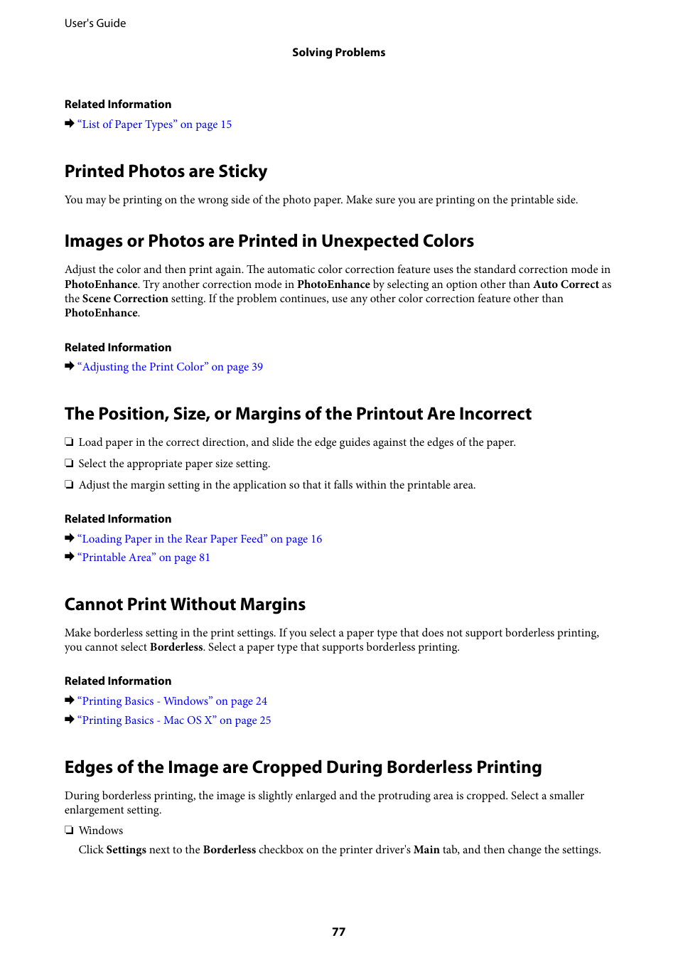 Printed photos are sticky, Images or photos are printed in unexpected colors, Cannot print without margins | Epson L805 User Manual | Page 77 / 93