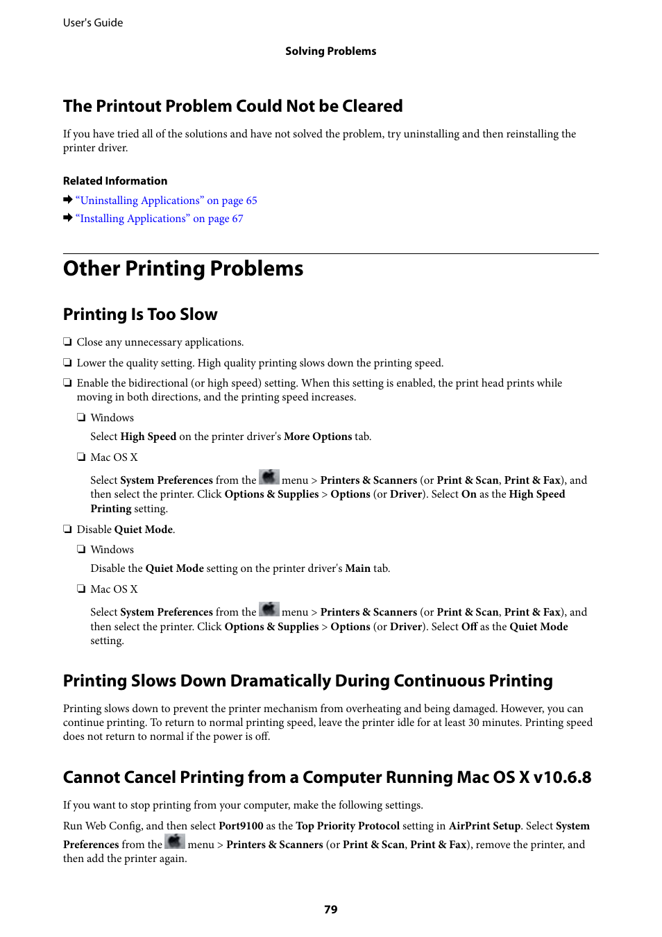 The printout problem could not be cleared, Other printing problems, Printing is too slow | Epson L805 User Manual | Page 79 / 93