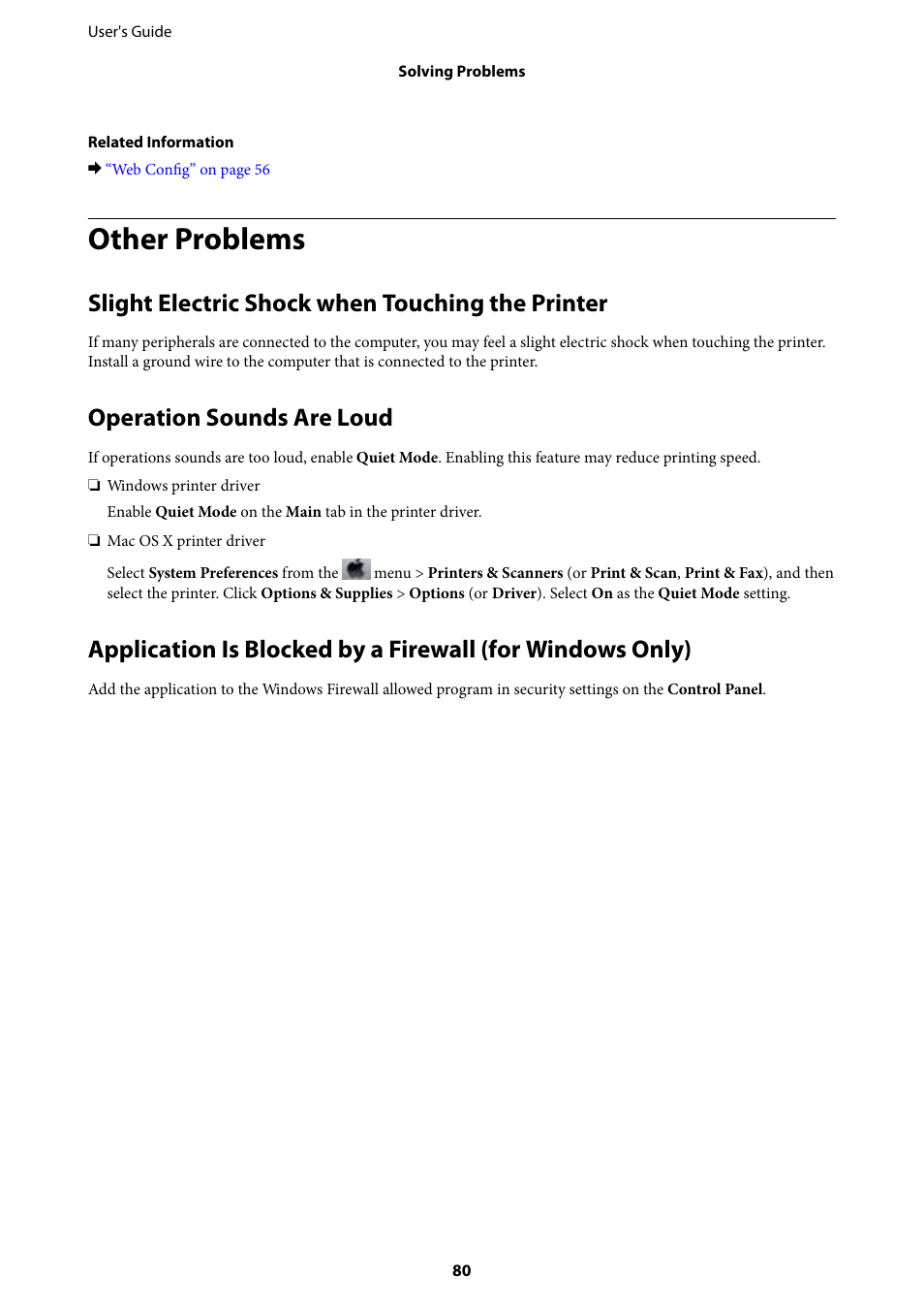Other problems, Slight electric shock when touching the printer, Operation sounds are loud | Epson L805 User Manual | Page 80 / 93