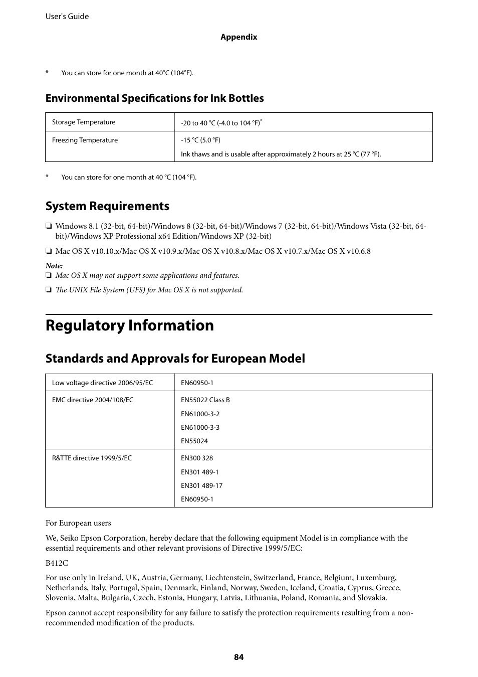 System requirements, Regulatory information, Standards and approvals for european model | Environmental specifications for ink bottles | Epson L805 User Manual | Page 84 / 93