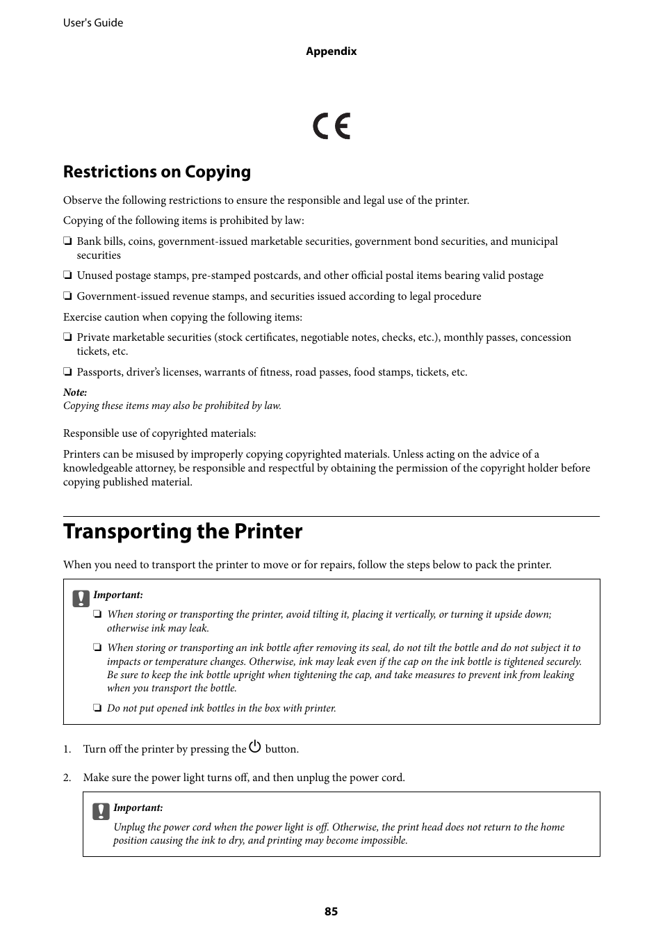 Restrictions on copying, Transporting the printer | Epson L805 User Manual | Page 85 / 93