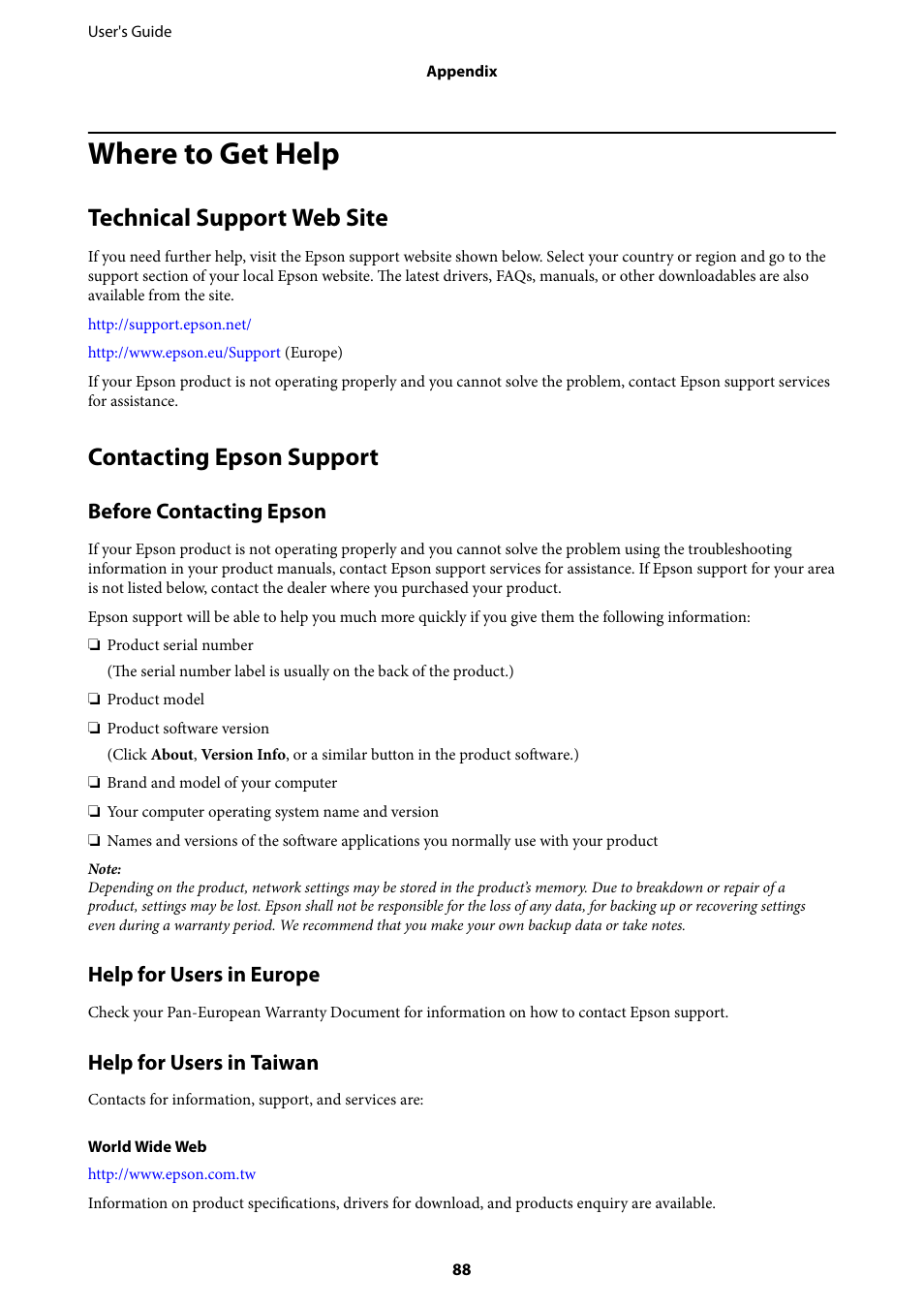 Where to get help, Technical support web site, Contacting epson support | Before contacting epson, Help for users in europe, Help for users in taiwan | Epson L805 User Manual | Page 88 / 93