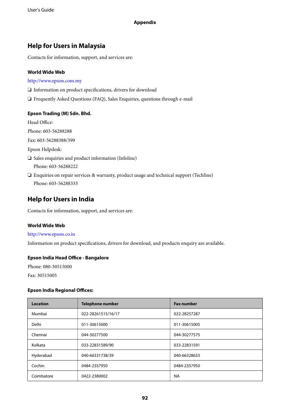 Help for users in malaysia, Help for users in india | Epson L805 User Manual | Page 92 / 93