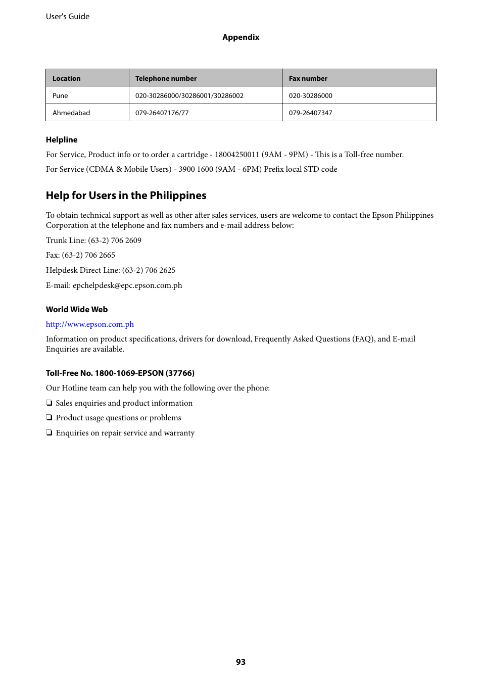 Help for users in the philippines | Epson L805 User Manual | Page 93 / 93