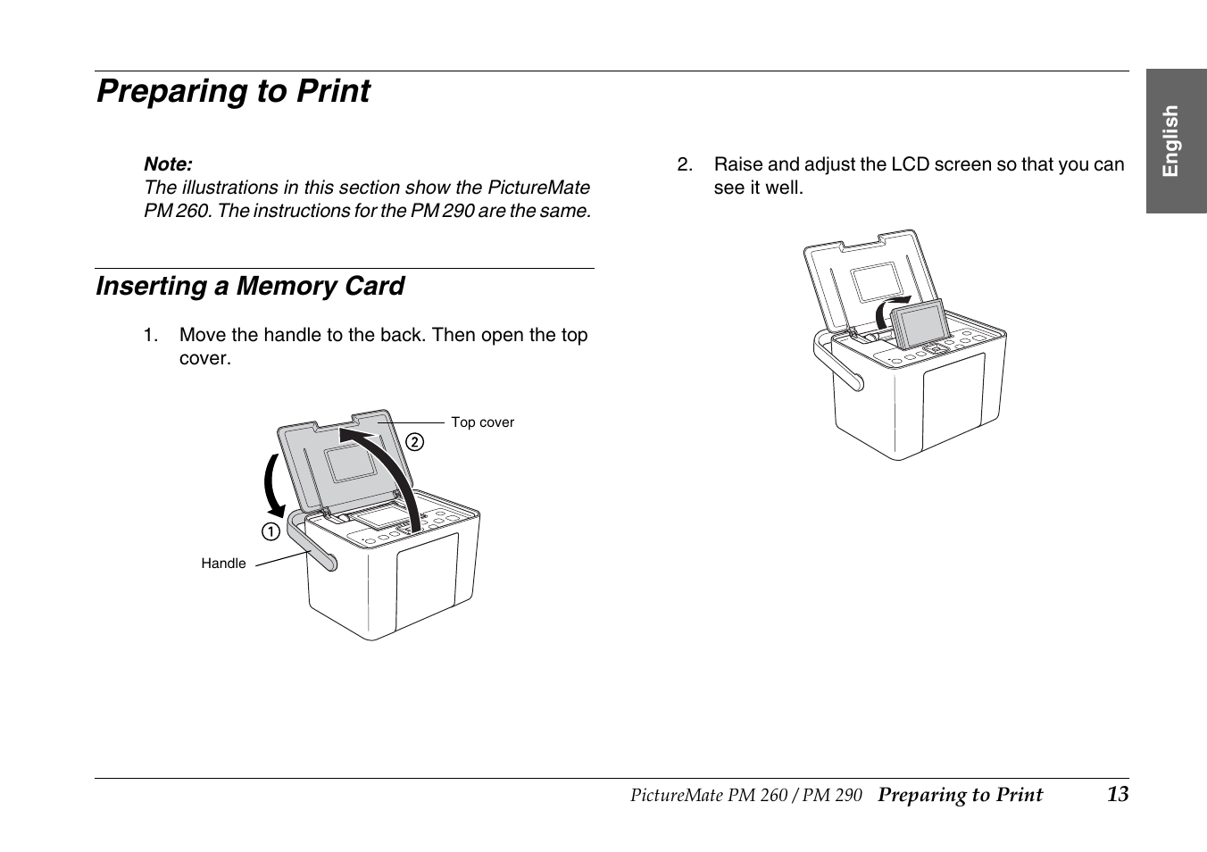 Preparing to print, Inserting a memory card | Epson PictureMate PM290 User Manual | Page 13 / 72