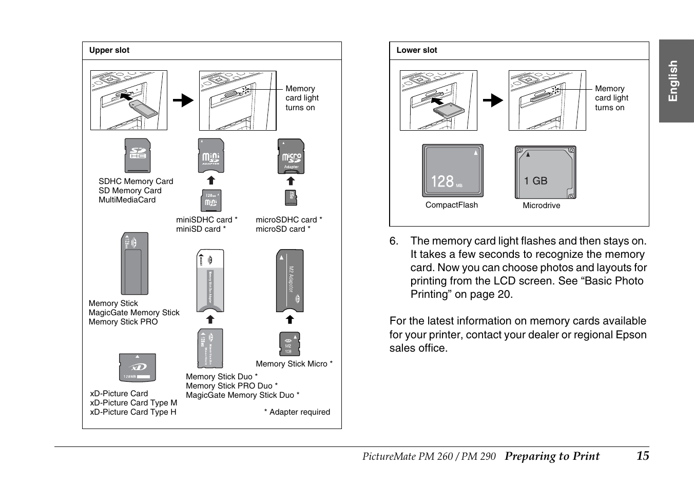 Preparing to print, Englis h | Epson PictureMate PM290 User Manual | Page 15 / 72