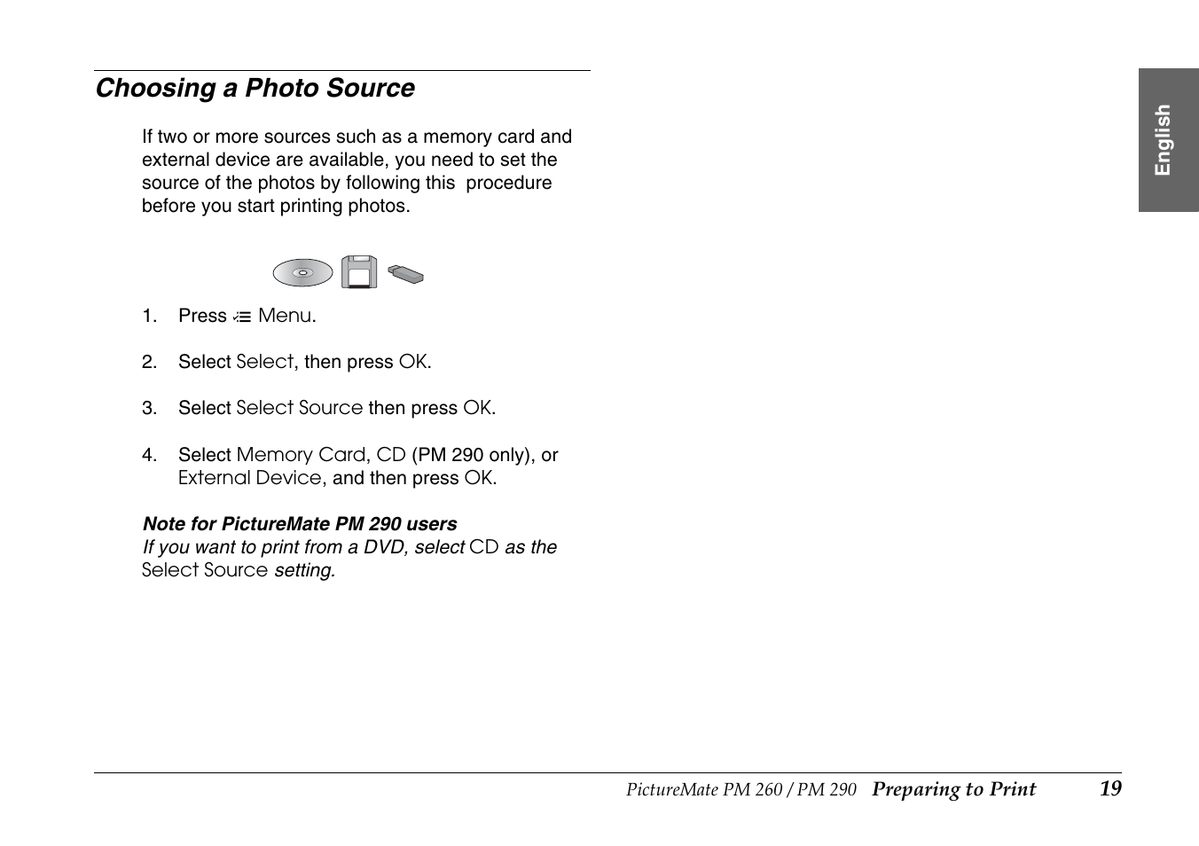 Choosing a photo source | Epson PictureMate PM290 User Manual | Page 19 / 72