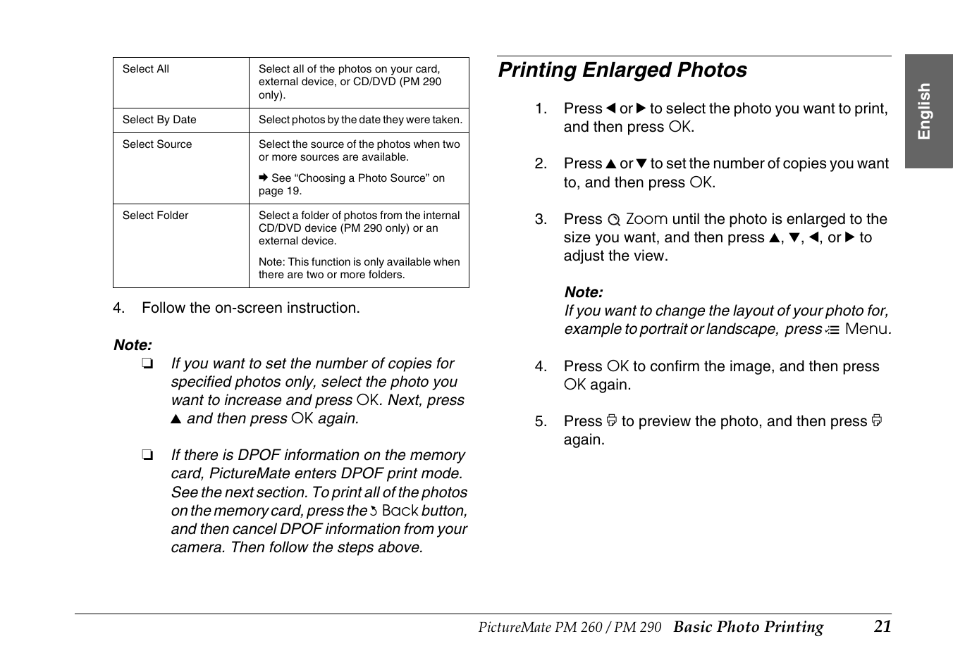 Printing enlarged photos | Epson PictureMate PM290 User Manual | Page 21 / 72
