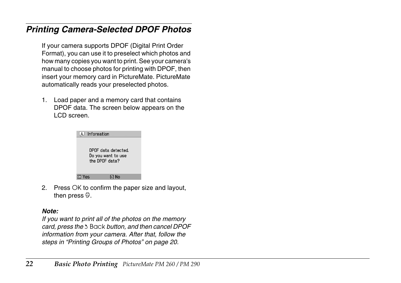 Printing camera-selected dpof photos | Epson PictureMate PM290 User Manual | Page 22 / 72