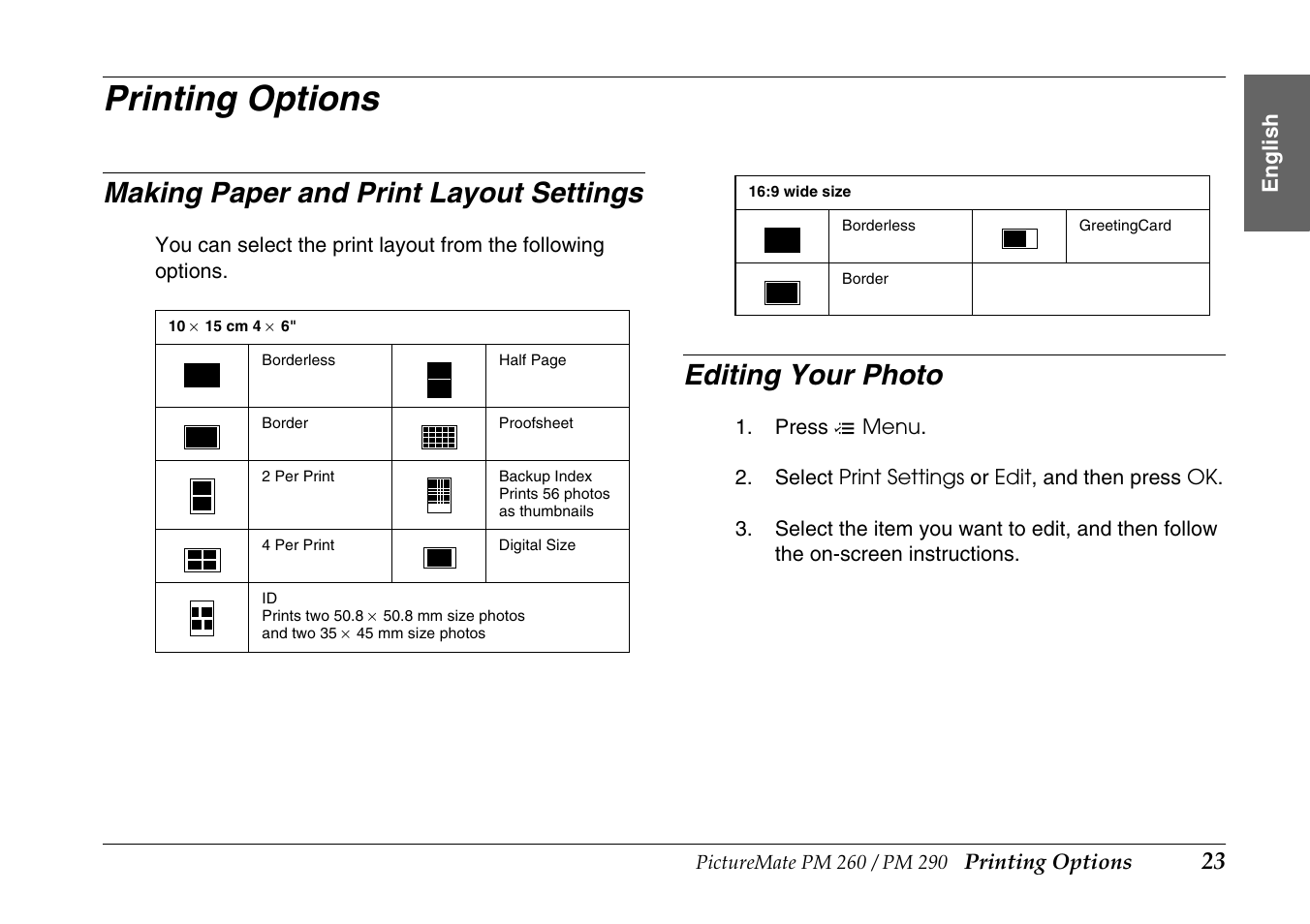 Printing options, Making paper and print layout settings, Editing your photo | Epson PictureMate PM290 User Manual | Page 23 / 72