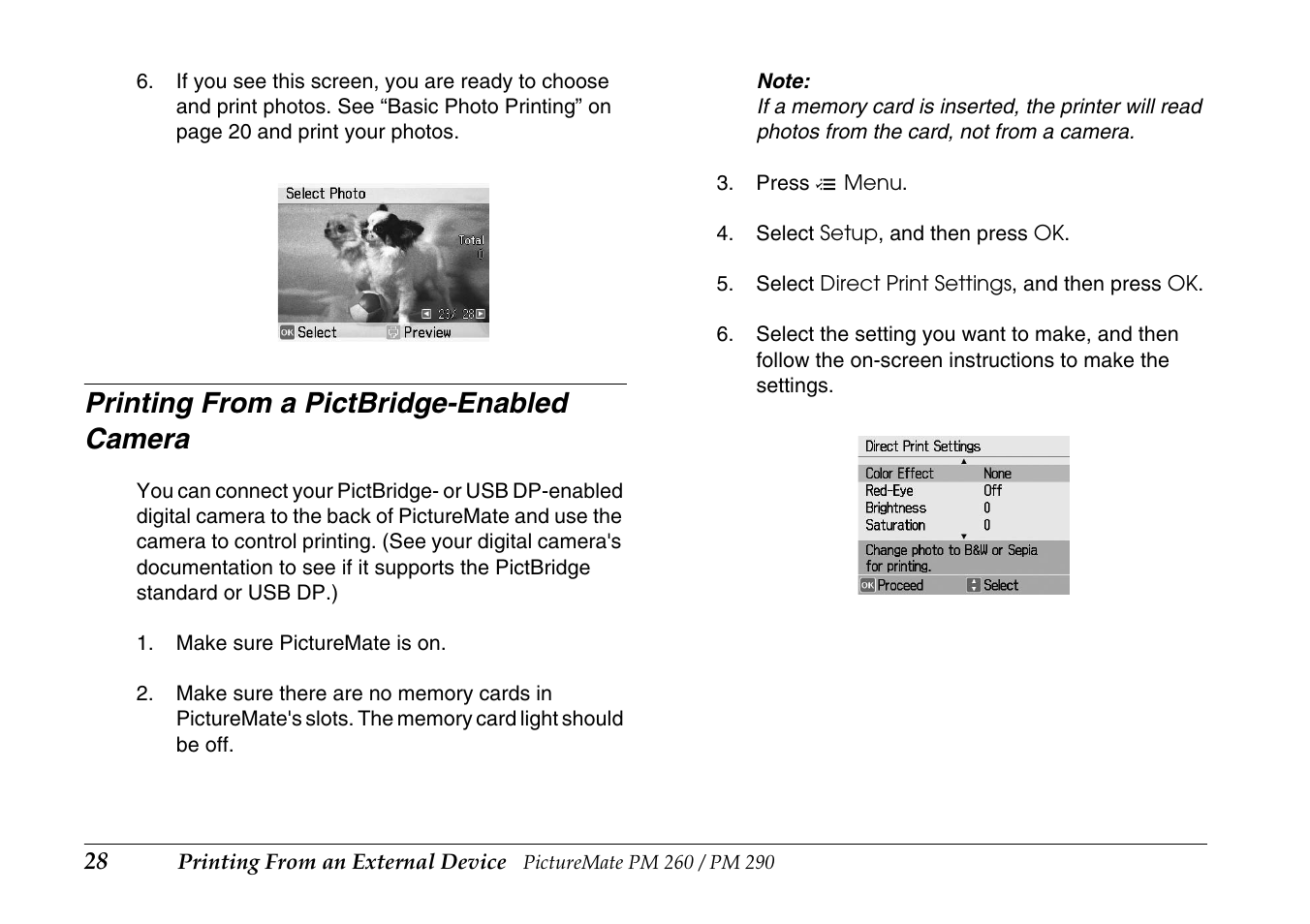 Printing from a pictbridge-enabled camera | Epson PictureMate PM290 User Manual | Page 28 / 72