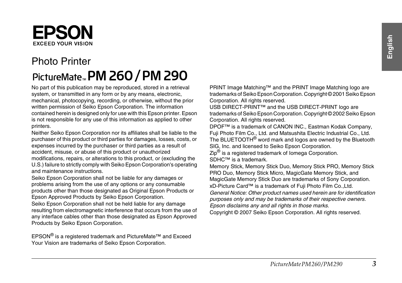 Photo printer | Epson PictureMate PM290 User Manual | Page 3 / 72