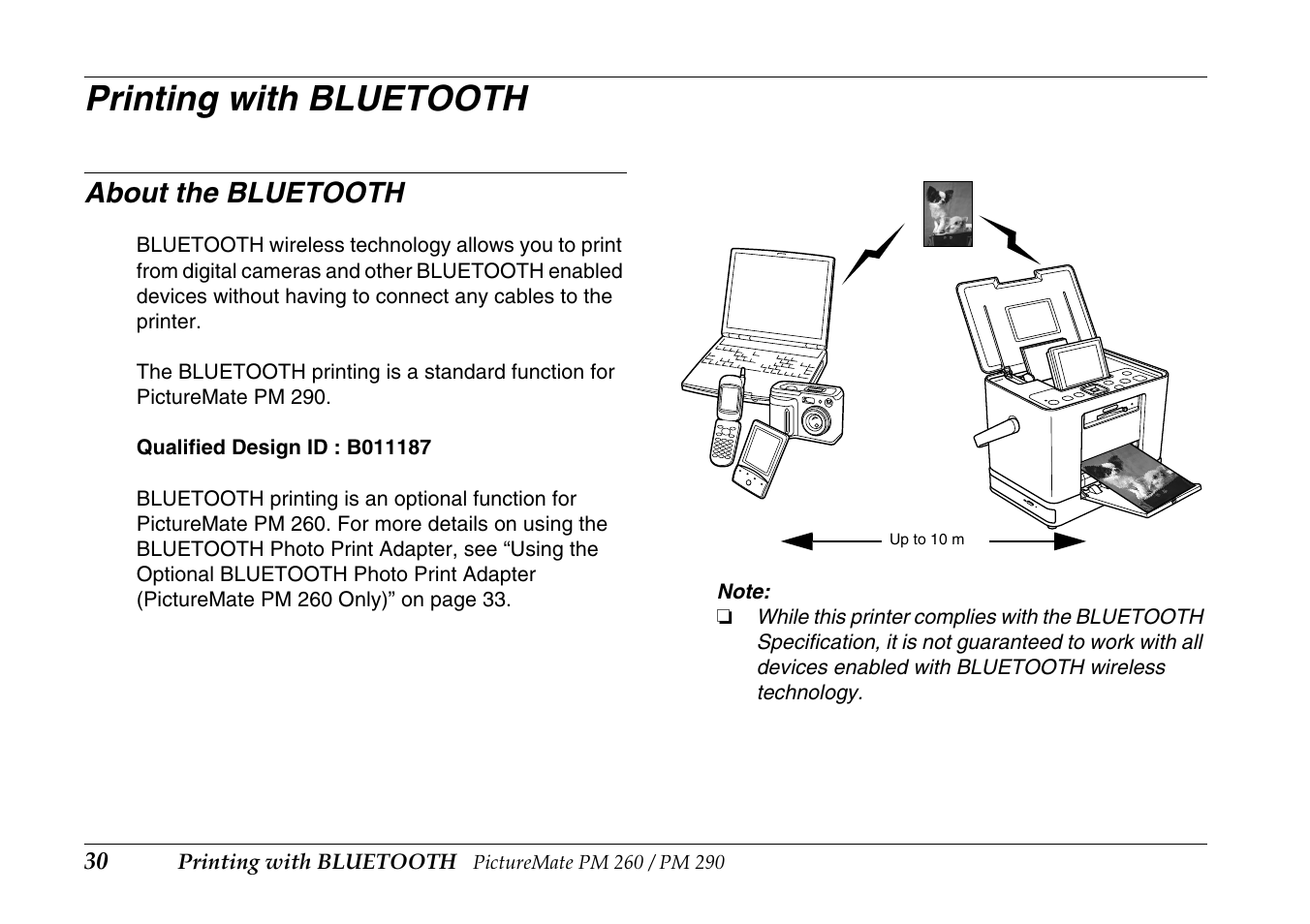 Printing with bluetooth, About the bluetooth | Epson PictureMate PM290 User Manual | Page 30 / 72