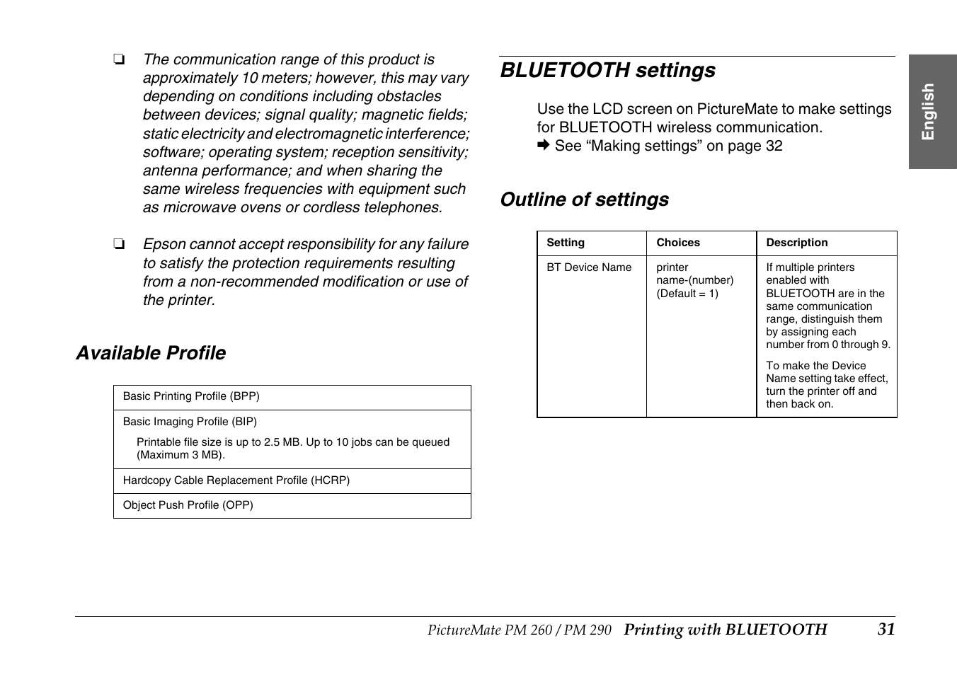 Available profile, Bluetooth settings, Outline of settings | Epson PictureMate PM290 User Manual | Page 31 / 72