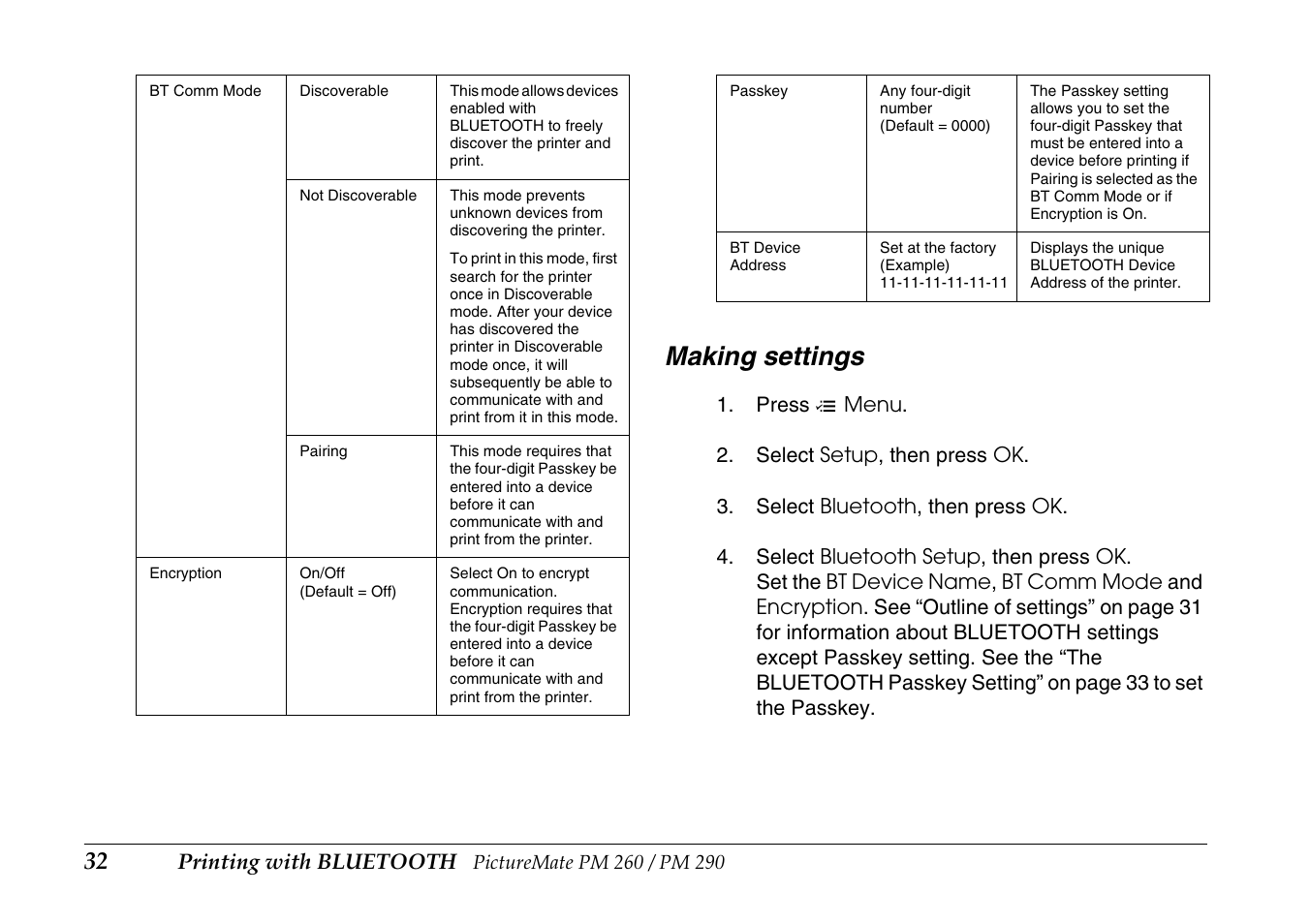 Making settings, Printing with bluetooth | Epson PictureMate PM290 User Manual | Page 32 / 72