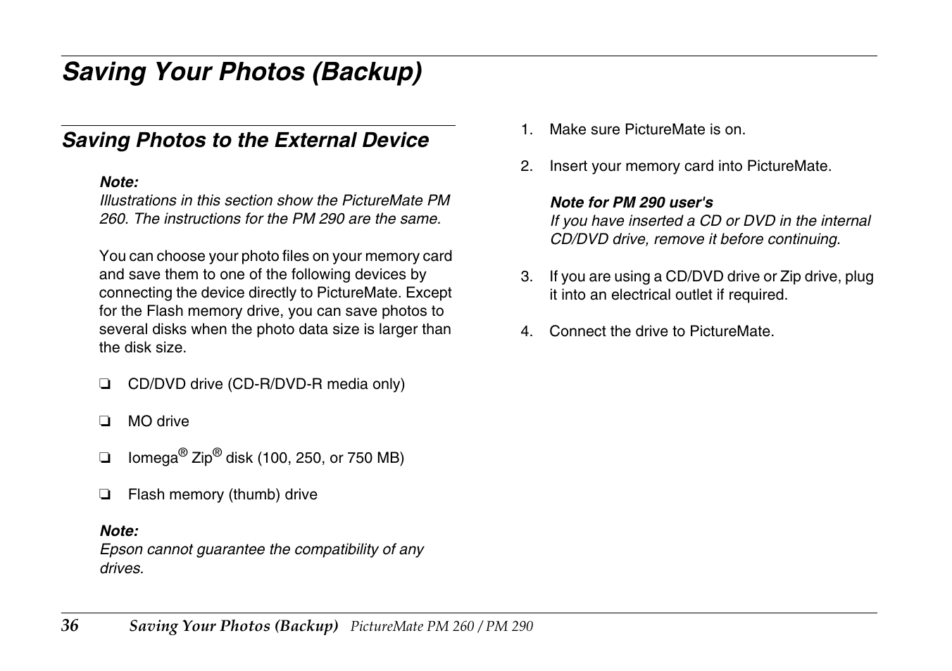 Saving your photos (backup), Saving photos to the external device | Epson PictureMate PM290 User Manual | Page 36 / 72