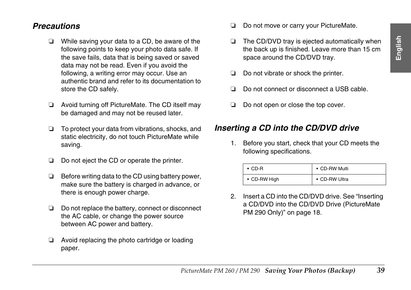 Precautions, Inserting a cd into the cd/dvd drive | Epson PictureMate PM290 User Manual | Page 39 / 72