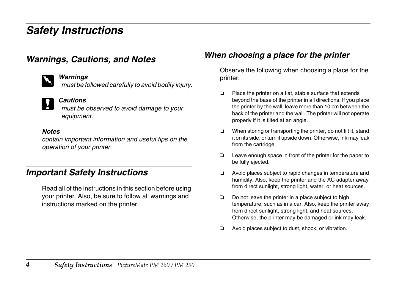 Safety instructions, Warnings, cautions, and notes, Important safety instructions | When choosing a place for the printer | Epson PictureMate PM290 User Manual | Page 4 / 72