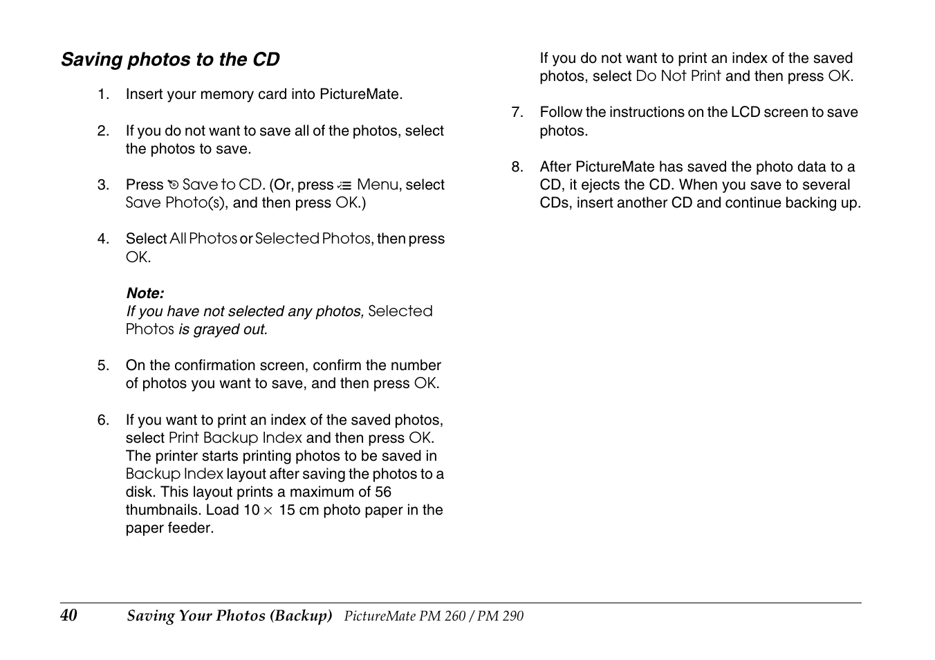 Saving photos to the cd | Epson PictureMate PM290 User Manual | Page 40 / 72