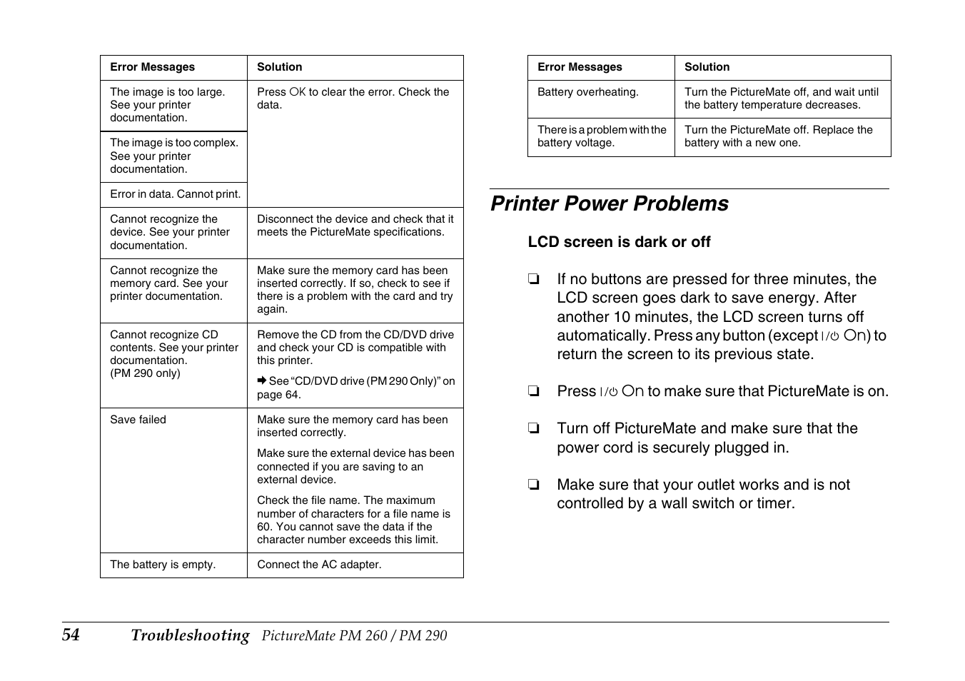 Printer power problems, Troubleshooting | Epson PictureMate PM290 User Manual | Page 54 / 72