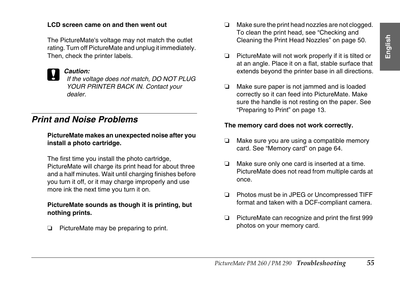 Print and noise problems | Epson PictureMate PM290 User Manual | Page 55 / 72