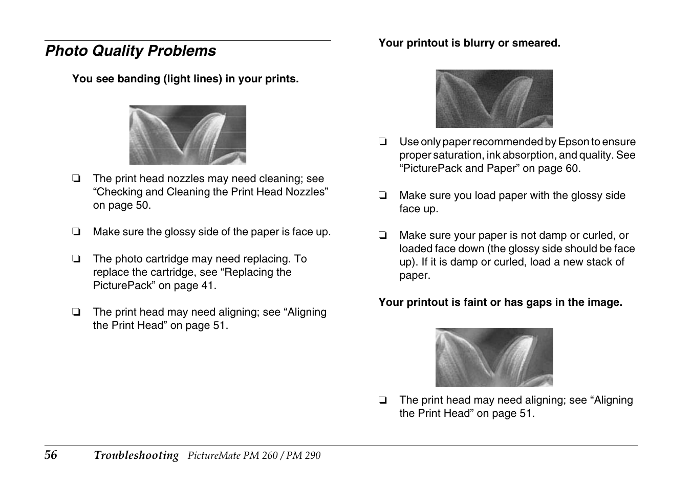 Photo quality problems | Epson PictureMate PM290 User Manual | Page 56 / 72