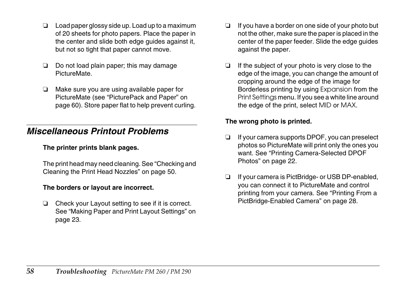 Miscellaneous printout problems | Epson PictureMate PM290 User Manual | Page 58 / 72