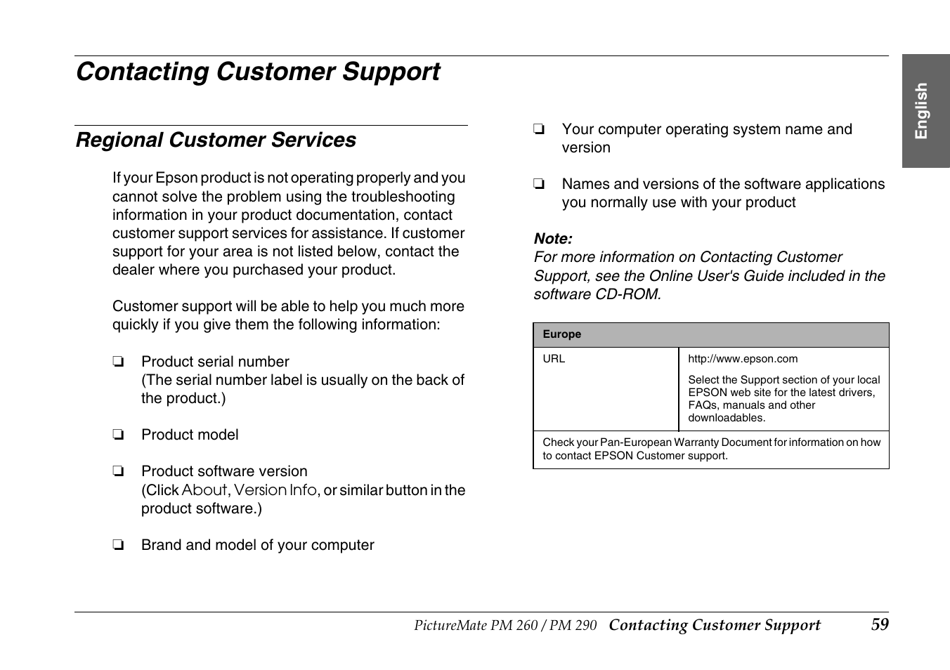 Contacting customer support, Regional customer services, E “contacting customer support | Epson PictureMate PM290 User Manual | Page 59 / 72