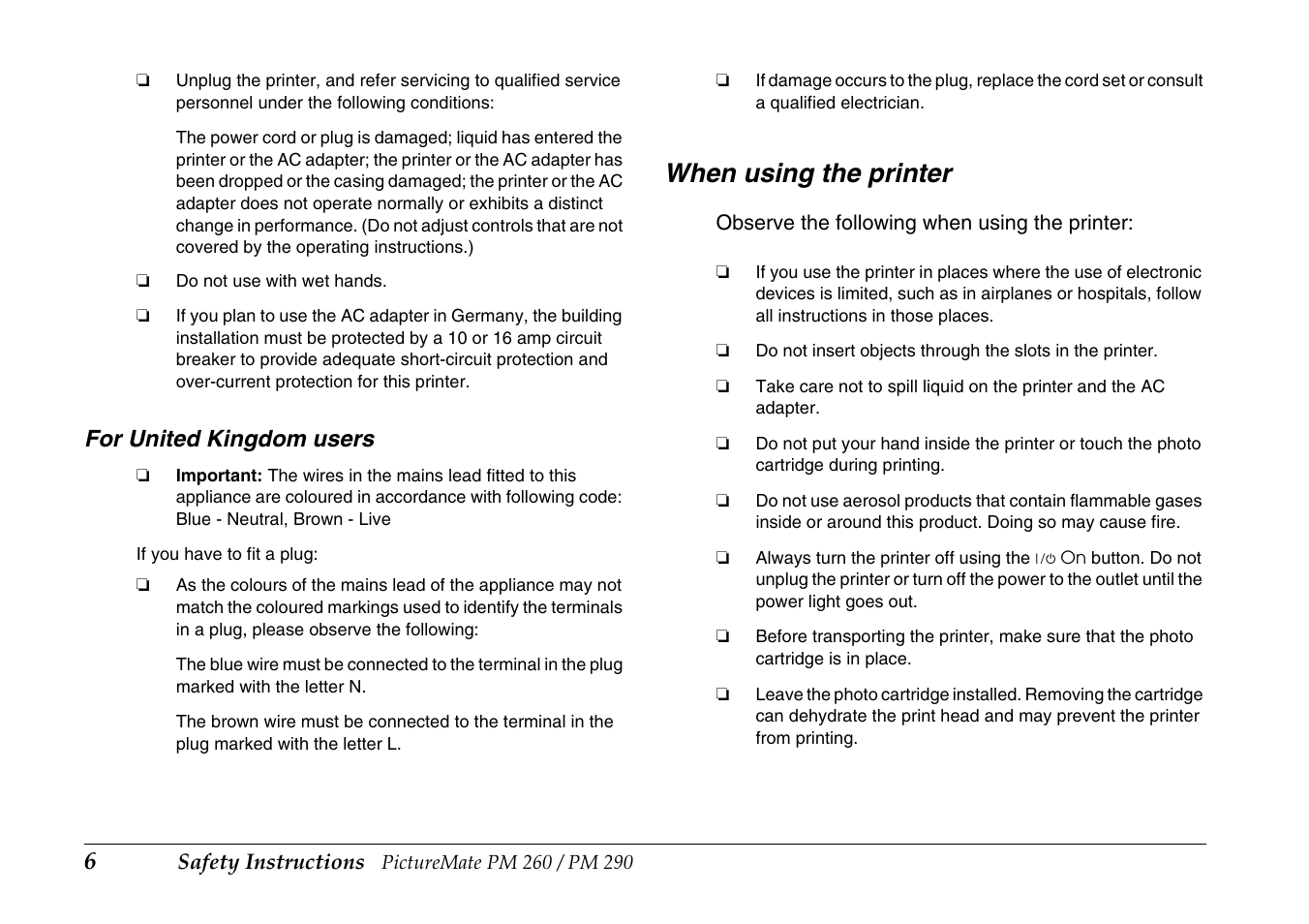 When using the printer, For united kingdom users | Epson PictureMate PM290 User Manual | Page 6 / 72