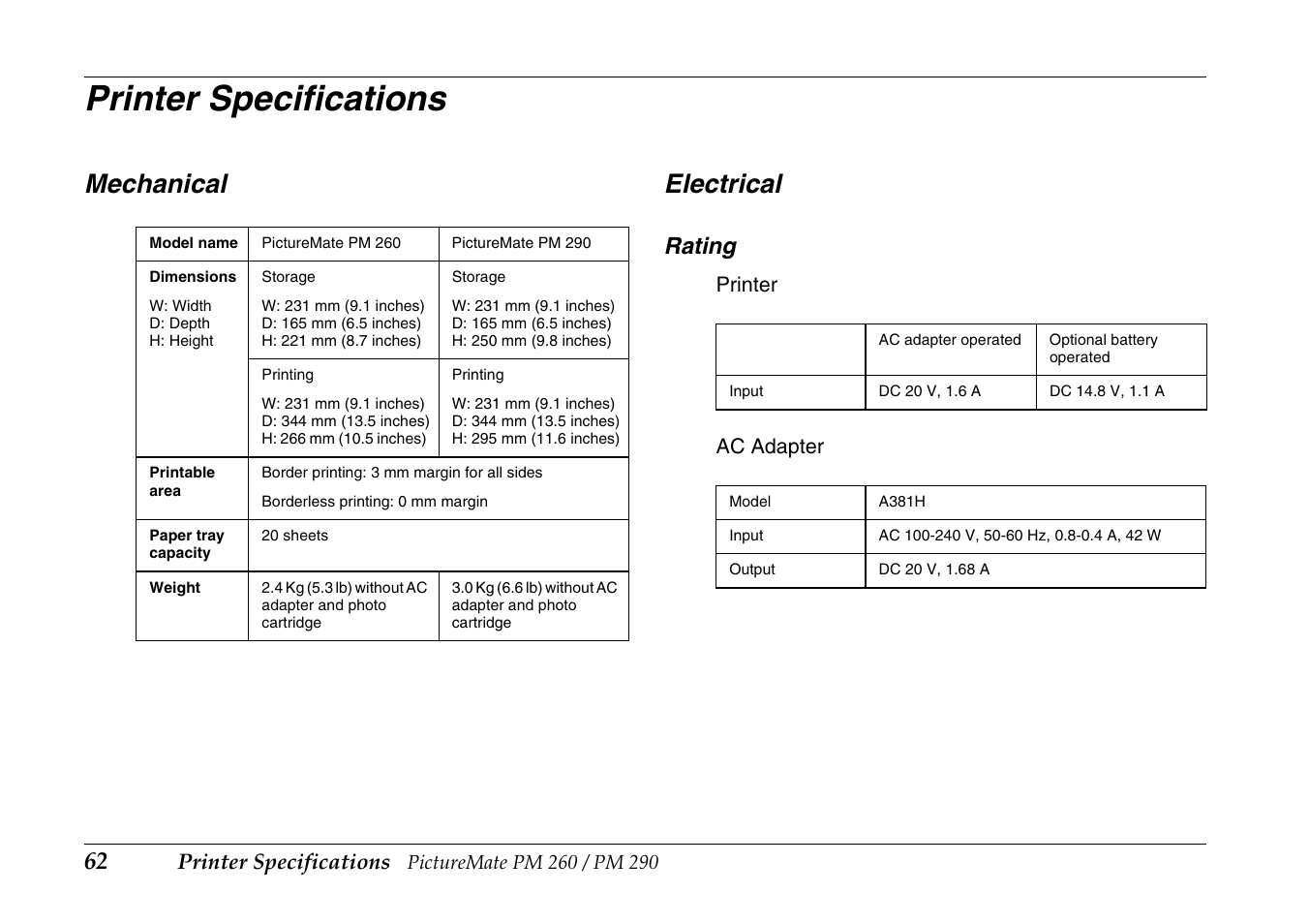 Printer specifications, Mechanical, Electrical | Mechanical electrical, Rating, Printer ac adapter | Epson PictureMate PM290 User Manual | Page 62 / 72