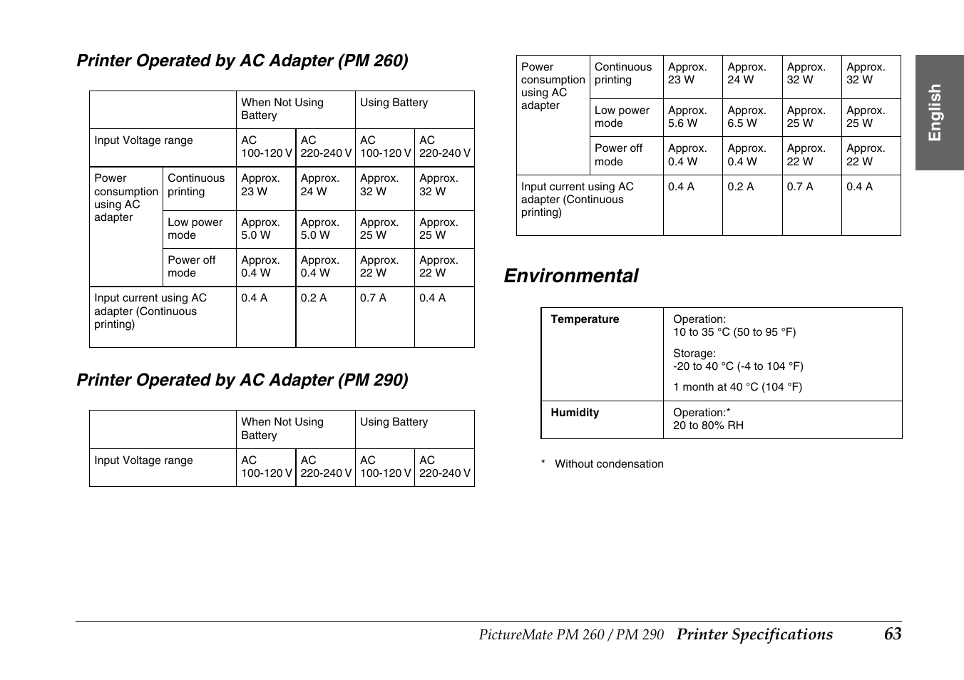 Environmental, Printer specifications, Englis h | Epson PictureMate PM290 User Manual | Page 63 / 72