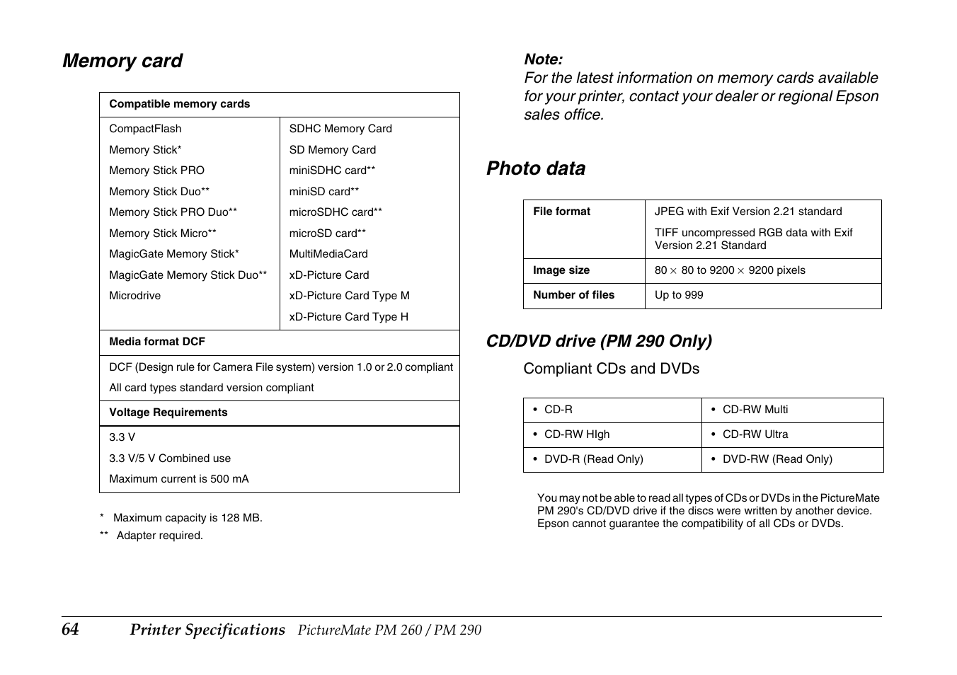 Memory card, Photo data, Cd/dvd drive (pm 290 only) | Printer specifications, Compliant cds and dvds | Epson PictureMate PM290 User Manual | Page 64 / 72