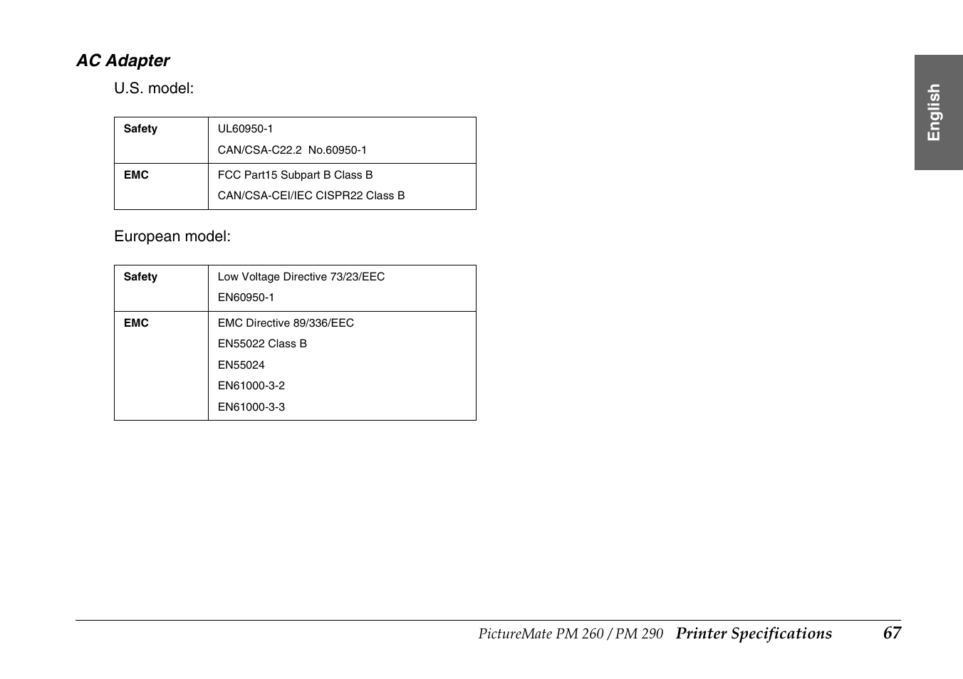 Ac adapter, Printer specifications, Englis h | U.s. model: european model | Epson PictureMate PM290 User Manual | Page 67 / 72
