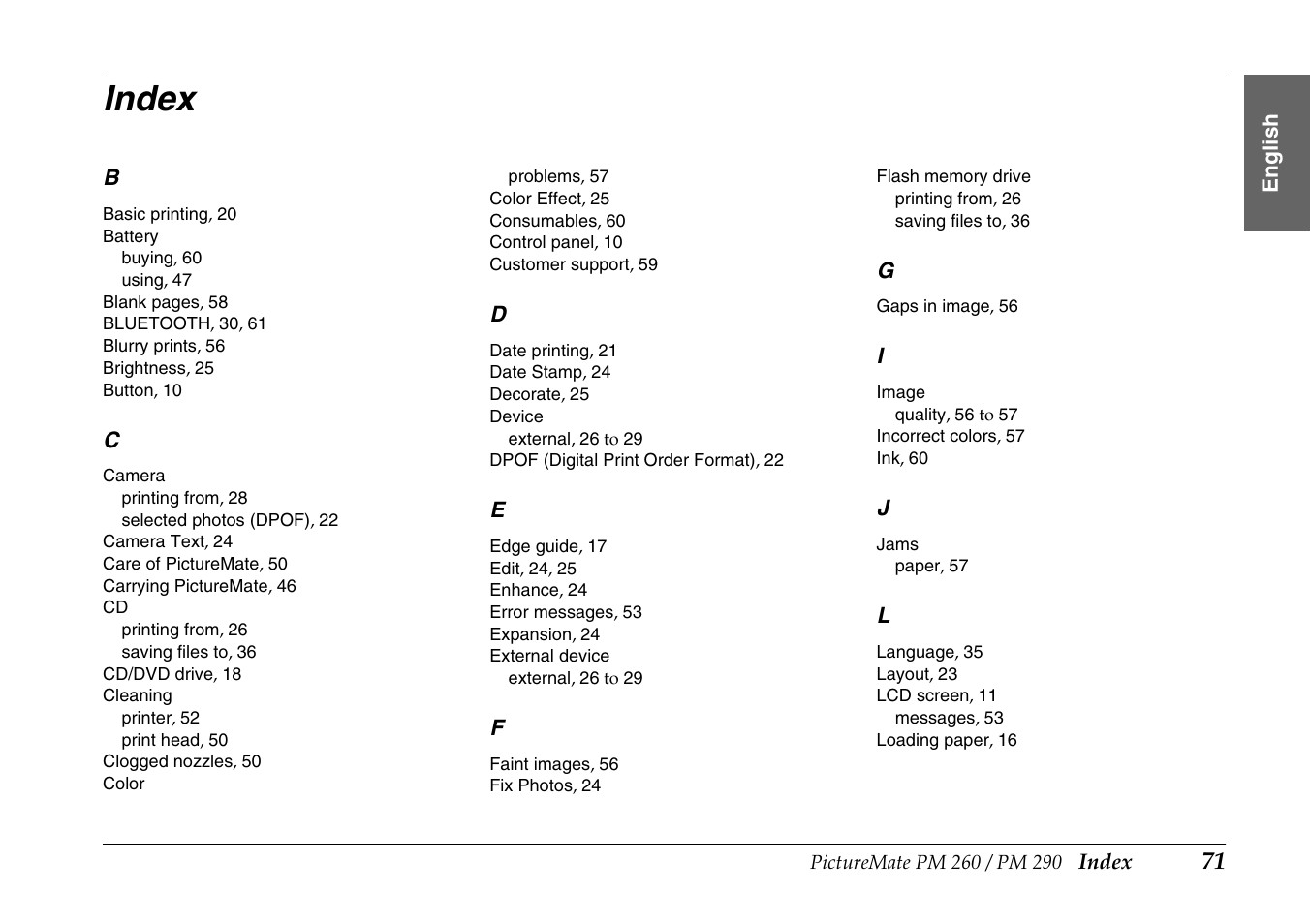 Index | Epson PictureMate PM290 User Manual | Page 71 / 72