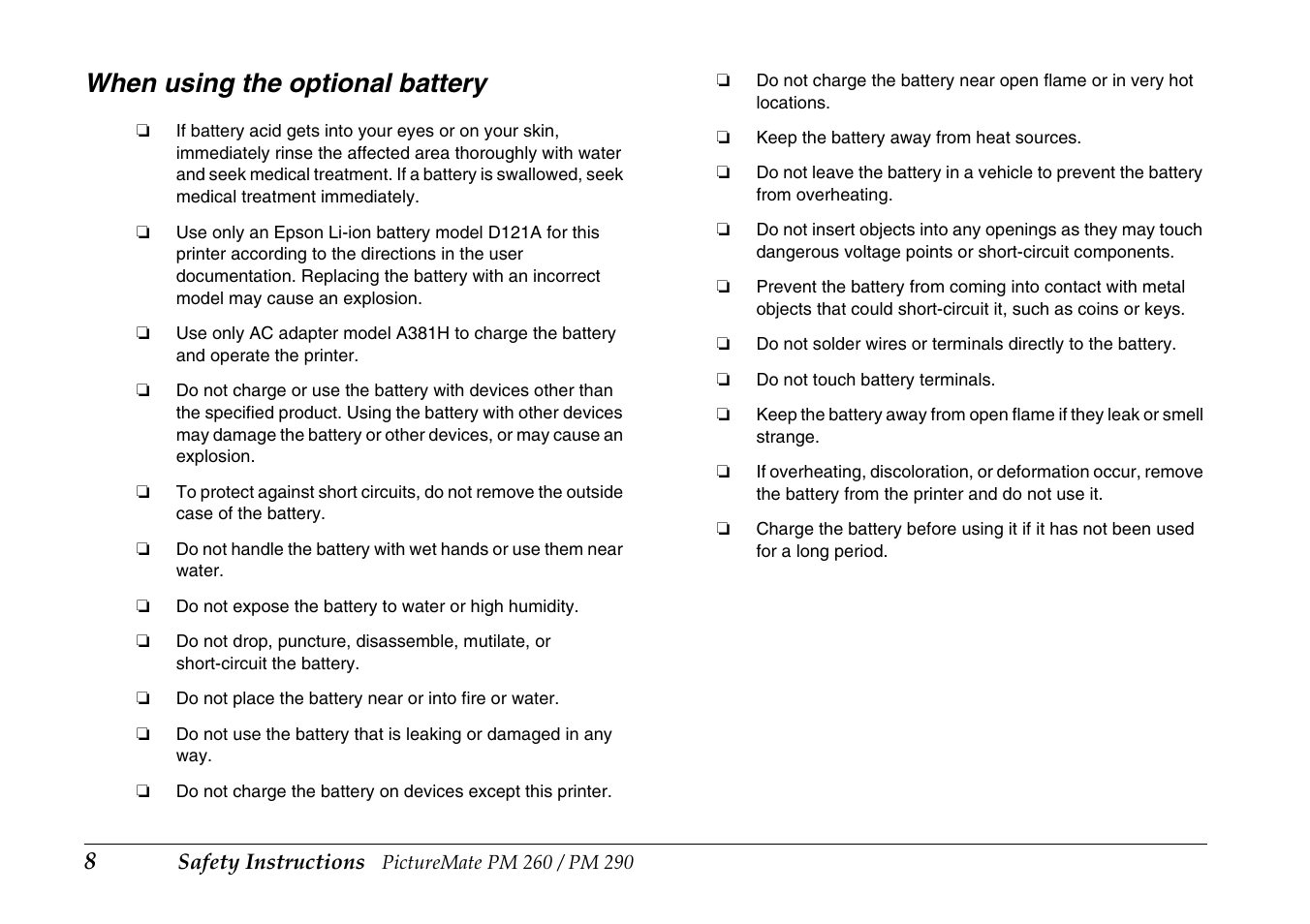 When using the optional battery, Safety instructions | Epson PictureMate PM290 User Manual | Page 8 / 72