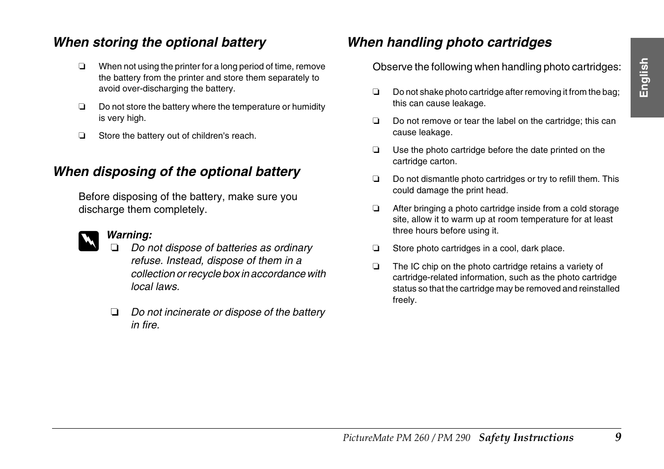 When storing the optional battery, When disposing of the optional battery, When handling photo cartridges | Epson PictureMate PM290 User Manual | Page 9 / 72