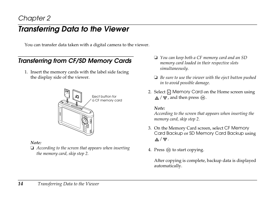 Transferring data to the viewer, Transferring from cf/sd memory cards, Chapter 2 transferring | Chapter 2 | Epson P-7000 User Manual | Page 14 / 29