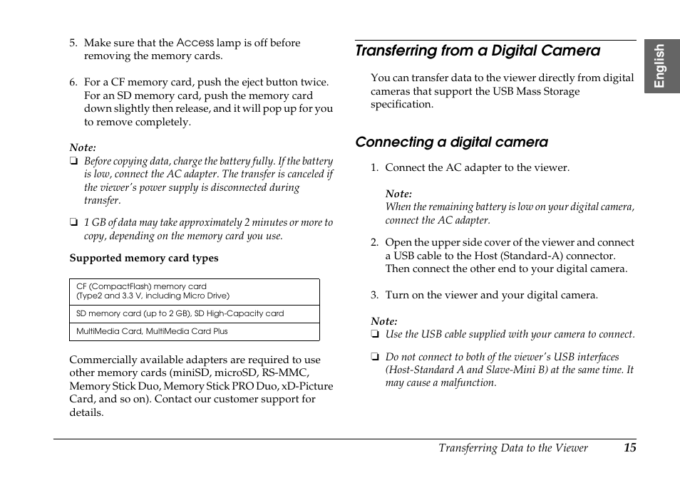 Transferring from a digital camera, Connecting a digital camera | Epson P-7000 User Manual | Page 15 / 29