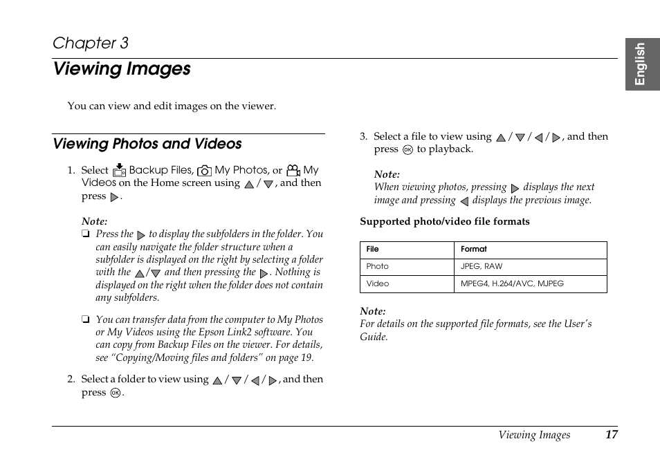 Viewing images, Viewing photos and videos, Chapter 3 vie | Chapter 3 | Epson P-7000 User Manual | Page 17 / 29