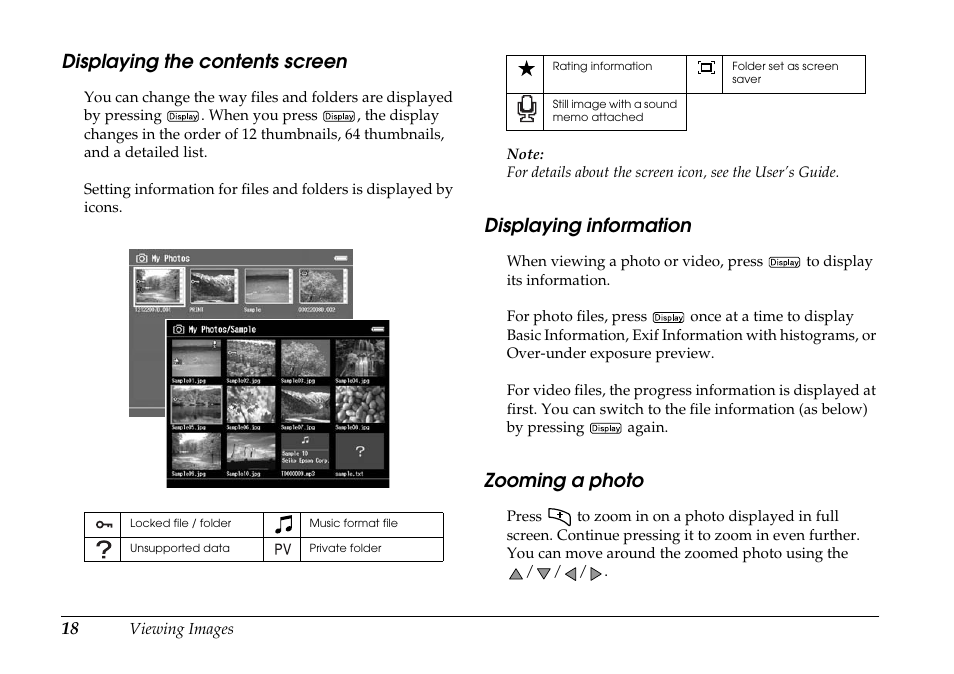 Displaying the contents screen, Displaying information, Zooming a photo | Epson P-7000 User Manual | Page 18 / 29